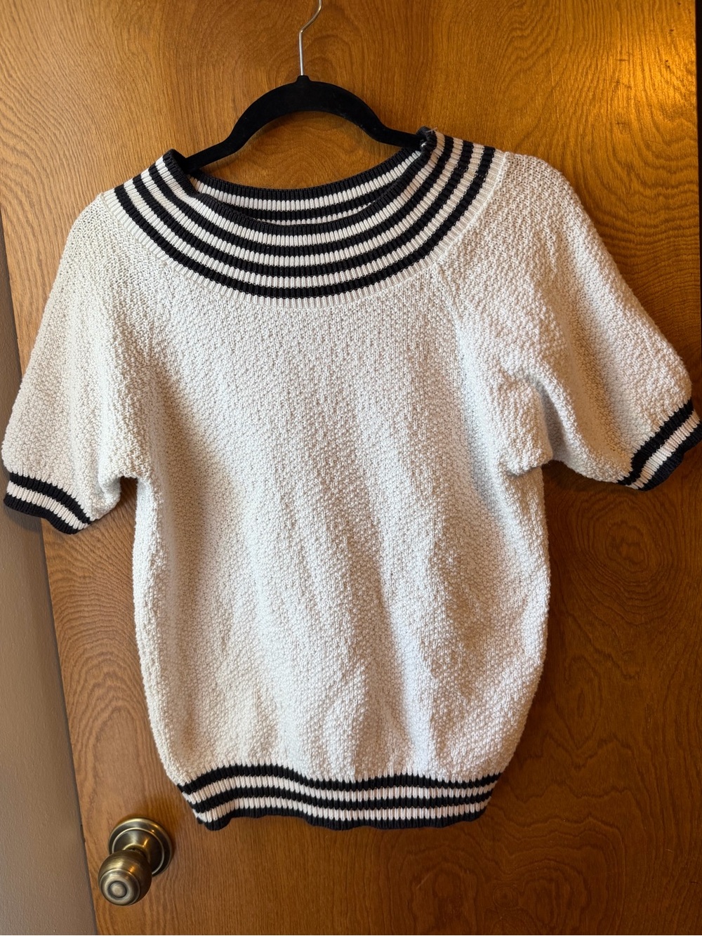 Cream Textured Short Sleeve Sweater with Black Stripe Accents